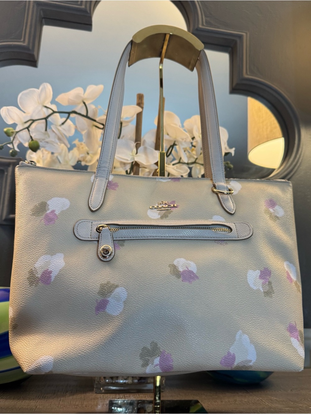 Coach Floral Print Cream Leather Tote Bag